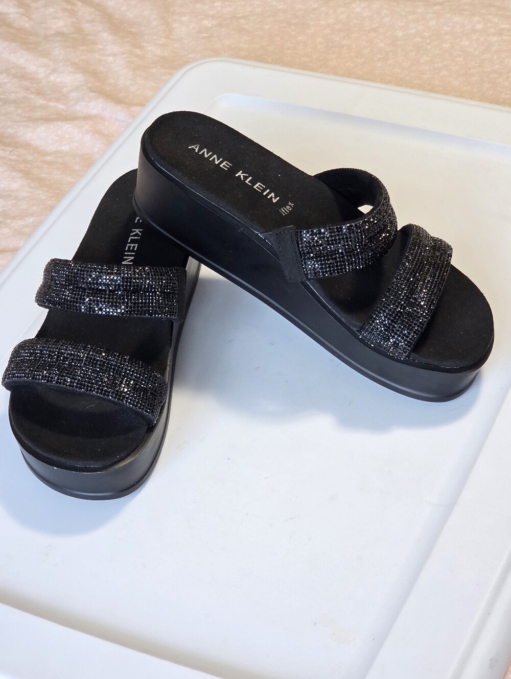 New Anne Klein Black Rhinestone Sparkly Slip On Platform Sandals Sz 8 Versatile